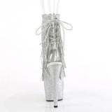 Pleaser 7 inch clear silver rhinestone fringe platform ankle boot, back view of the heel