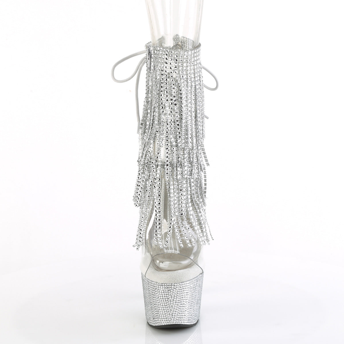 Pleaser 7 inch clear silver rhinestone fringe platform ankle boot, front view