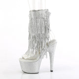 Pleaser 7 inch clear silver rhinestone fringe platform ankle boot, side view of the rhinestone platform and heel