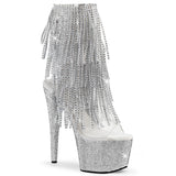 Pleaser 7 inch clear silver rhinestone fringe platform ankle boot, three-quarter view on white