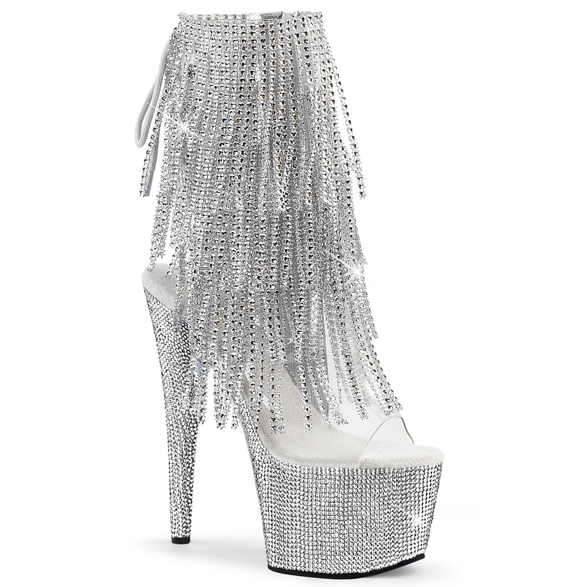 Pleaser 7 inch clear silver rhinestone fringe platform ankle boot, three-quarter view on white