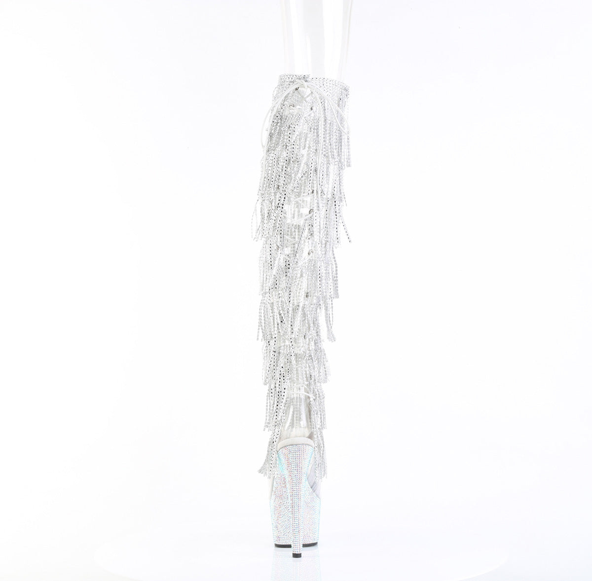 Pleaser 7 inch clear silver rhinestone fringe platform over the knee boot, back view of the heel