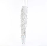 Pleaser 7 inch clear silver rhinestone fringe platform over the knee boot, back view of the heel