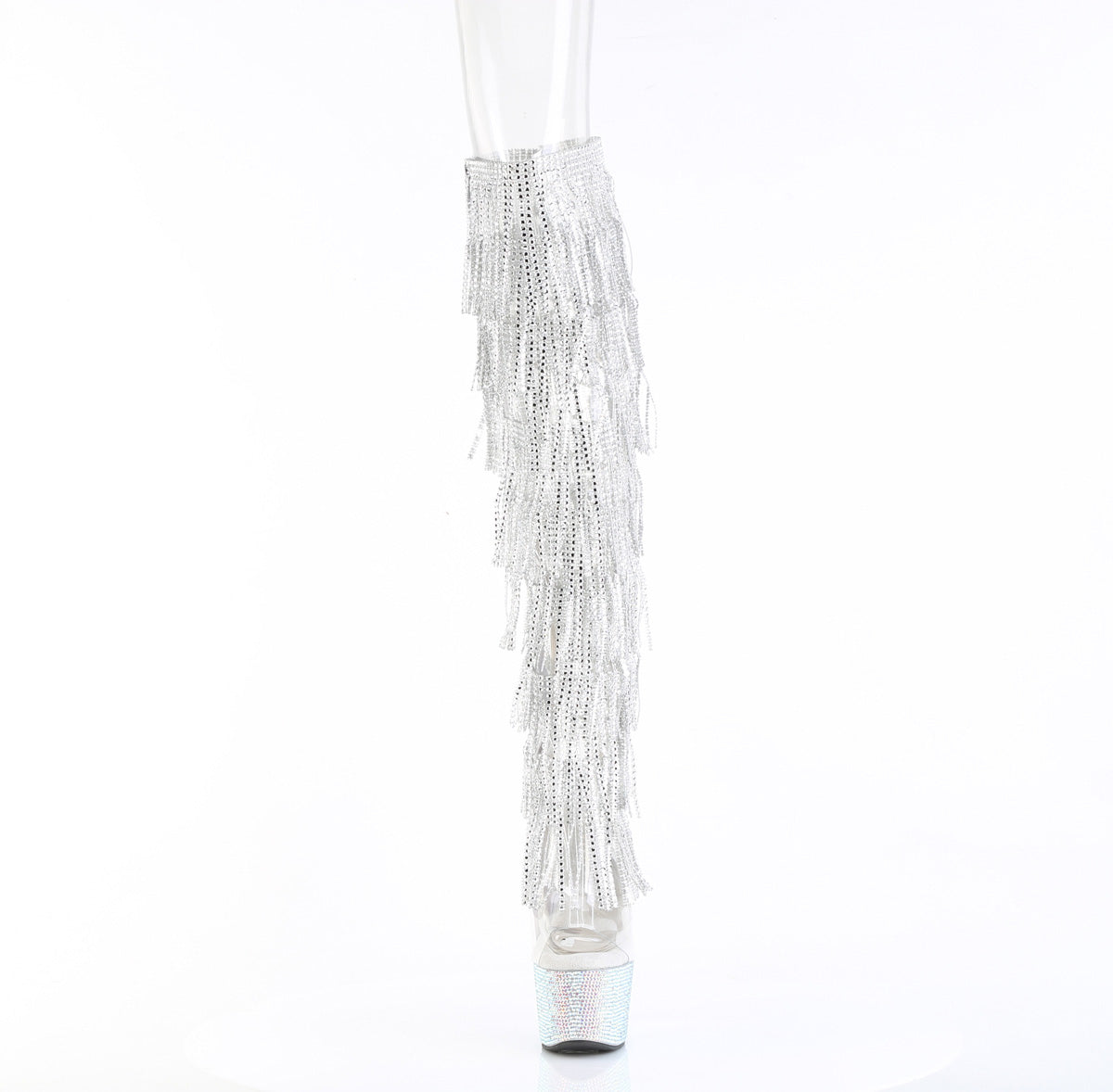 Pleaser 7 inch clear silver rhinestone fringe platform over the knee boot, front view
