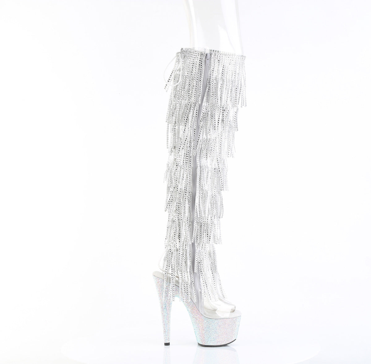 Pleaser 7 inch clear silver rhinestone fringe platform over the knee boot, inside view