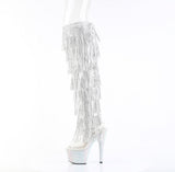 Pleaser 7 inch clear silver rhinestone fringe platform over the knee boot, side view of the rhinestone platform and heel
