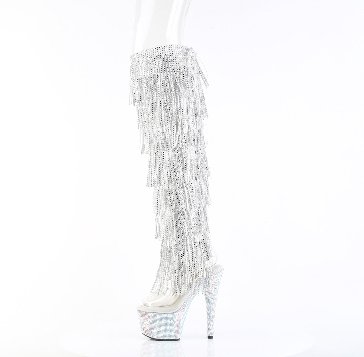 Pleaser 7 inch clear silver rhinestone fringe platform over the knee boot, side view of the rhinestone platform and heel