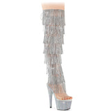 Pleaser 7 inch clear silver rhinestone fringe platform over the knee boot, three-quarter view on white