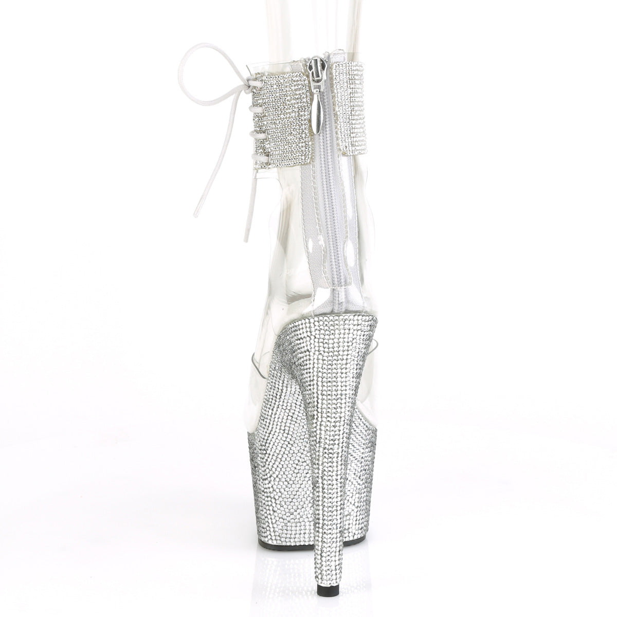 Pleaser 7 inch clear silver rhinestone platform ankle cuff sandal, back view of the heel