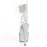 Pleaser 7 inch clear silver rhinestone platform ankle cuff sandal, back view of the heel