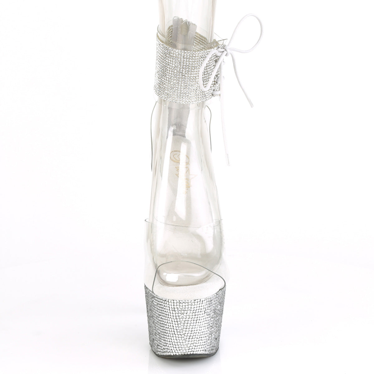 Pleaser 7 inch clear silver rhinestone platform ankle cuff sandal, front view