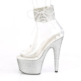 Pleaser 7 inch clear silver rhinestone platform ankle cuff sandal, side view of the rhinestone platform and heel
