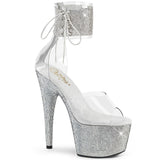 Pleaser 7 inch clear silver rhinestone platform ankle cuff sandal, three-quarter view on white