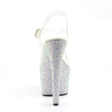 Pleaser 7 inch clear silver rhinestone platform ankle strap sandal, back view of the heel