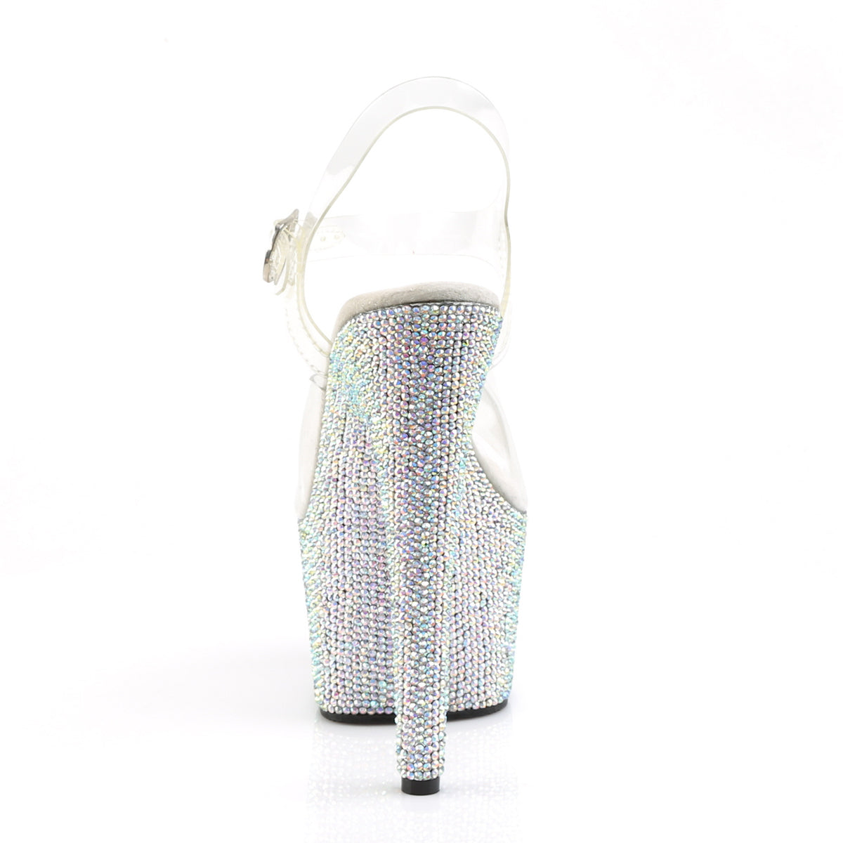 Pleaser 7 inch clear silver rhinestone platform ankle strap sandal, back view of the heel