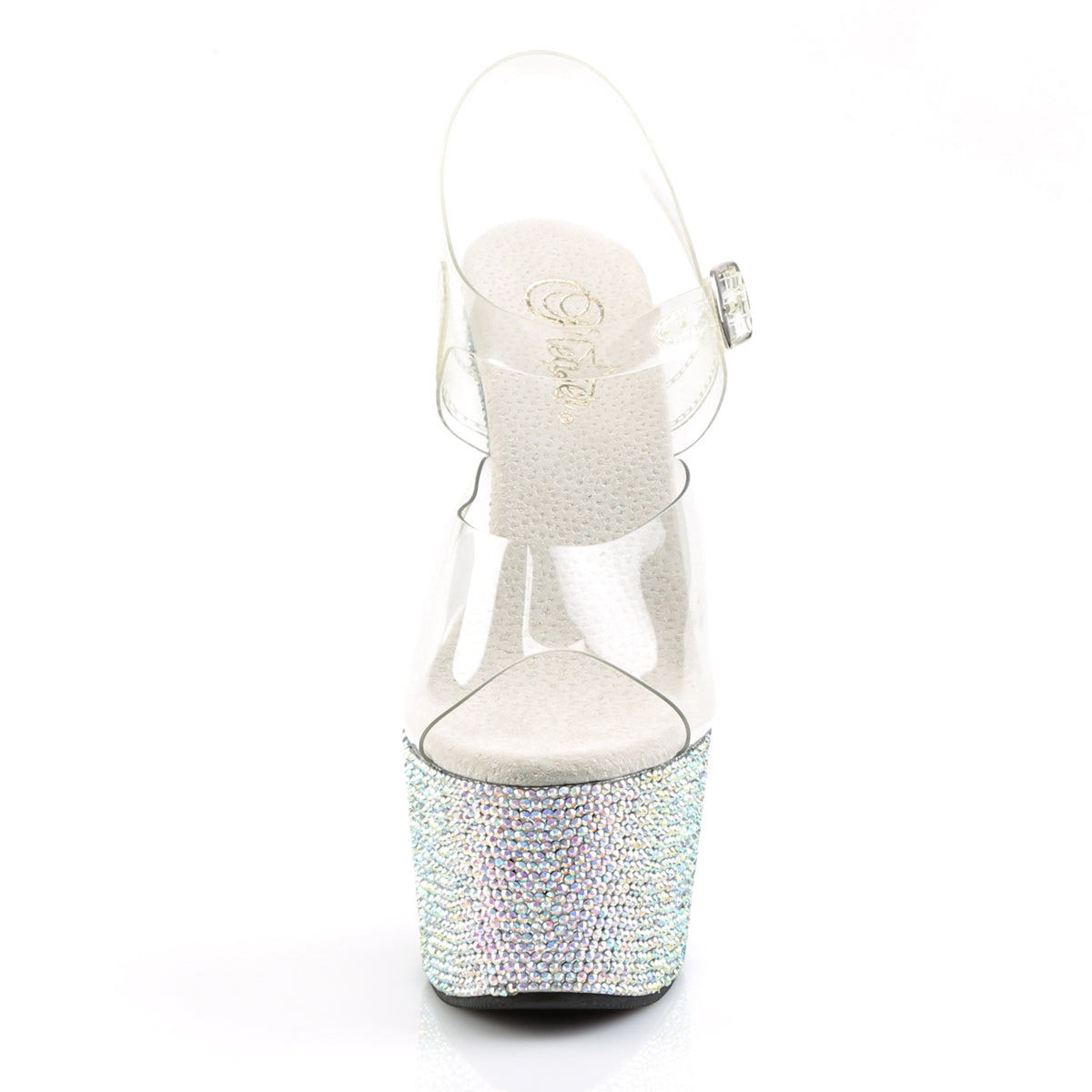Pleaser 7 inch clear silver rhinestone platform ankle strap sandal, front view