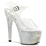 Pleaser 7 inch clear silver rhinestone platform ankle strap sandal, three-quarter view on white