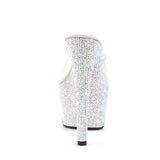 Pleaser 7 inch clear silver rhinestone platform slide, back view of the heel