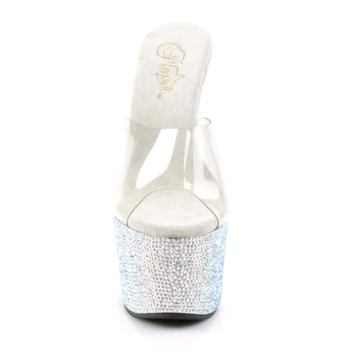 Pleaser 7 inch clear silver rhinestone platform slide, front view