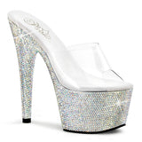 Pleaser 7 inch clear silver rhinestone platform slide, three-quarter view on white