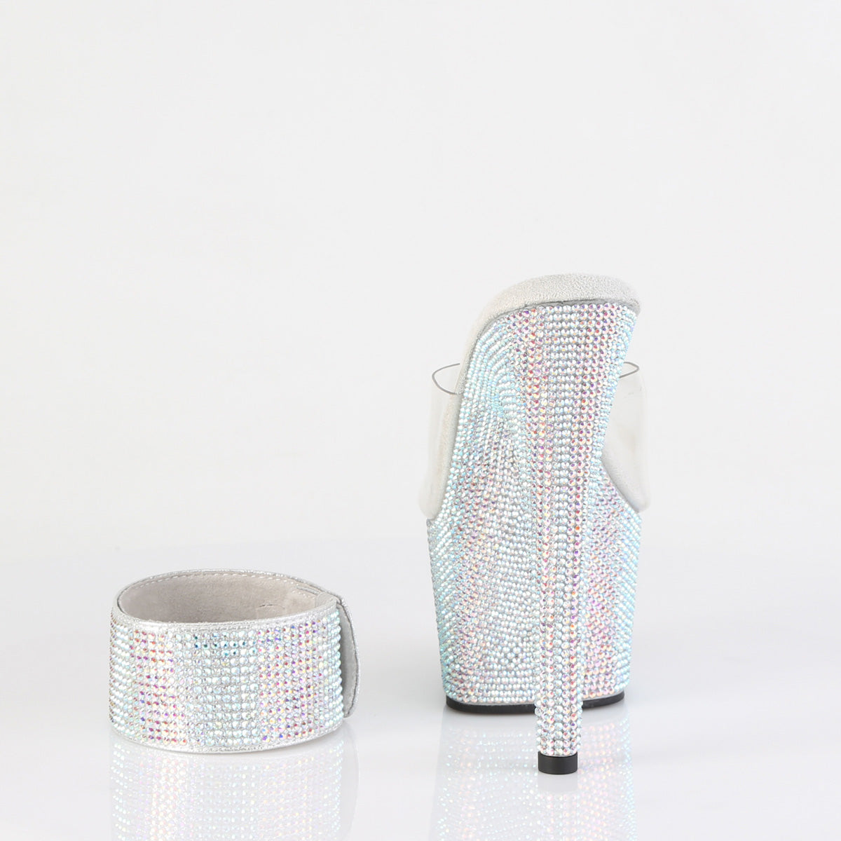 Pleaser 7 inch clear silver rhinestone platform slide with ankle cuff, back view of the heel