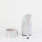 Pleaser 7 inch clear silver rhinestone platform slide with ankle cuff, back view of the heel