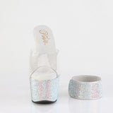 Pleaser 7 inch clear silver rhinestone platform slide with ankle cuff, front view