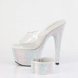 Pleaser 7 inch clear silver rhinestone platform slide with ankle cuff, side view of the rhinestone platform and heel
