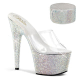 Pleaser 7 inch clear silver rhinestone platform slide with ankle cuff, three-quarter view on white