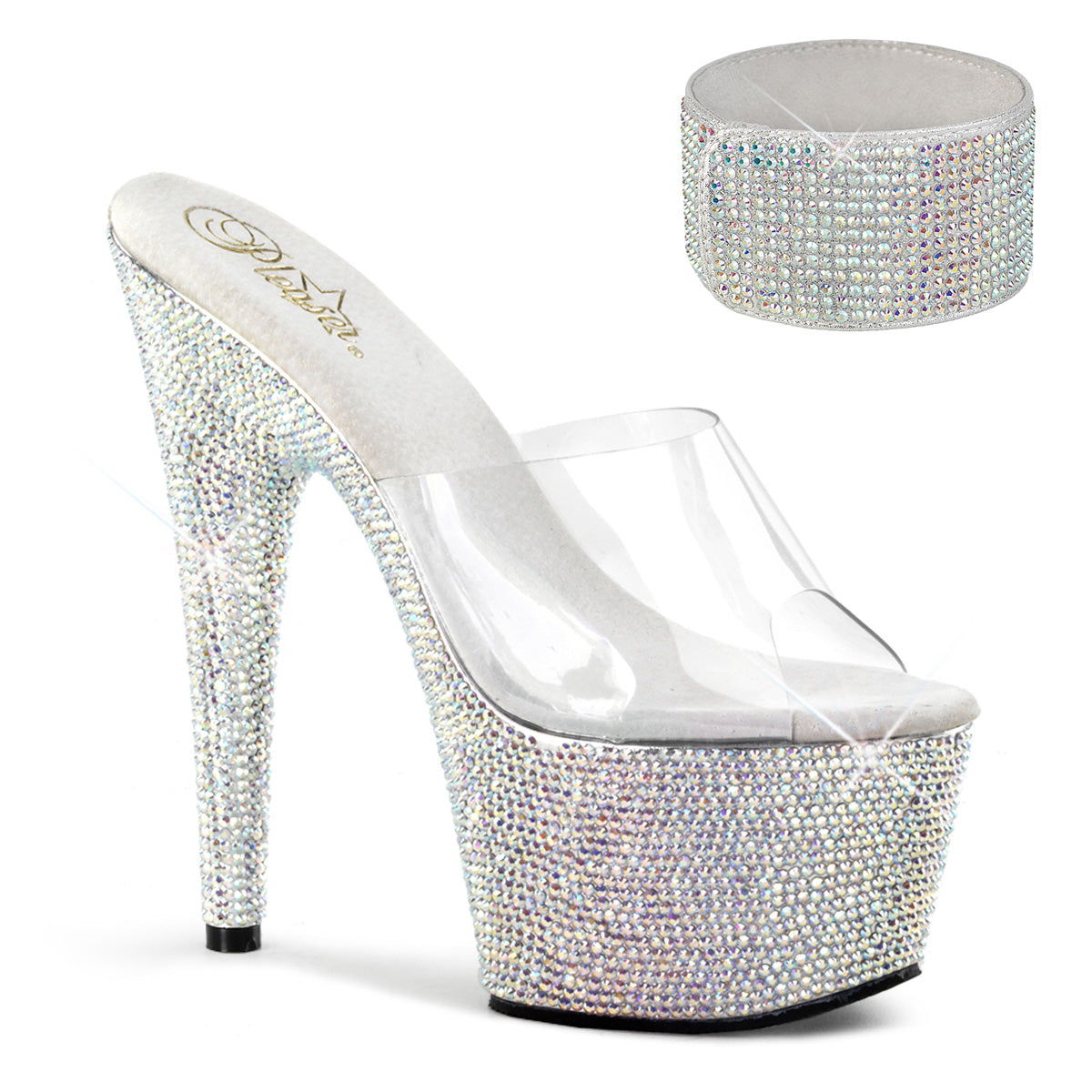 Pleaser 7 inch clear silver rhinestone platform slide with ankle cuff, three-quarter view on white