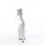 Pleaser 7 inch clear silver rhinestone strap platform ankle cuff sandal, back view of the heel