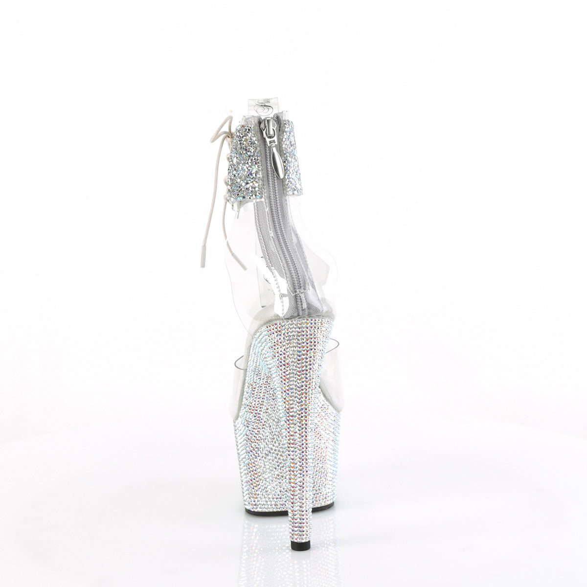 Pleaser 7 inch clear silver rhinestone strap platform ankle cuff sandal, back view of the heel