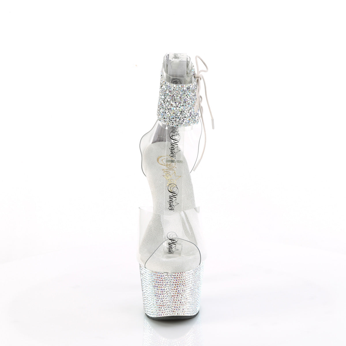 Pleaser 7 inch clear silver rhinestone strap platform ankle cuff sandal, front view