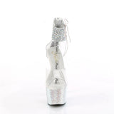 Pleaser 7 inch clear silver rhinestone strap platform ankle cuff sandal, front view