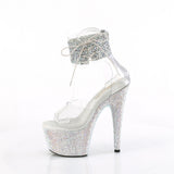 Pleaser 7 inch clear silver rhinestone strap platform ankle cuff sandal, side view of the rhinestone platform and heel