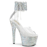 Pleaser 7 inch clear silver rhinestone strap platform ankle cuff sandal, three-quarter view on white