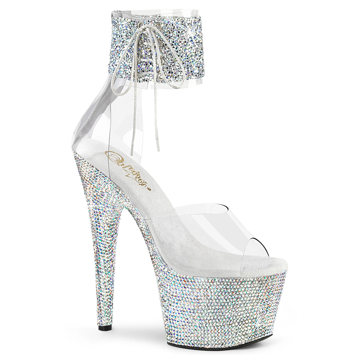 Pleaser 7 inch clear silver rhinestone strap platform ankle cuff sandal, three-quarter view on white