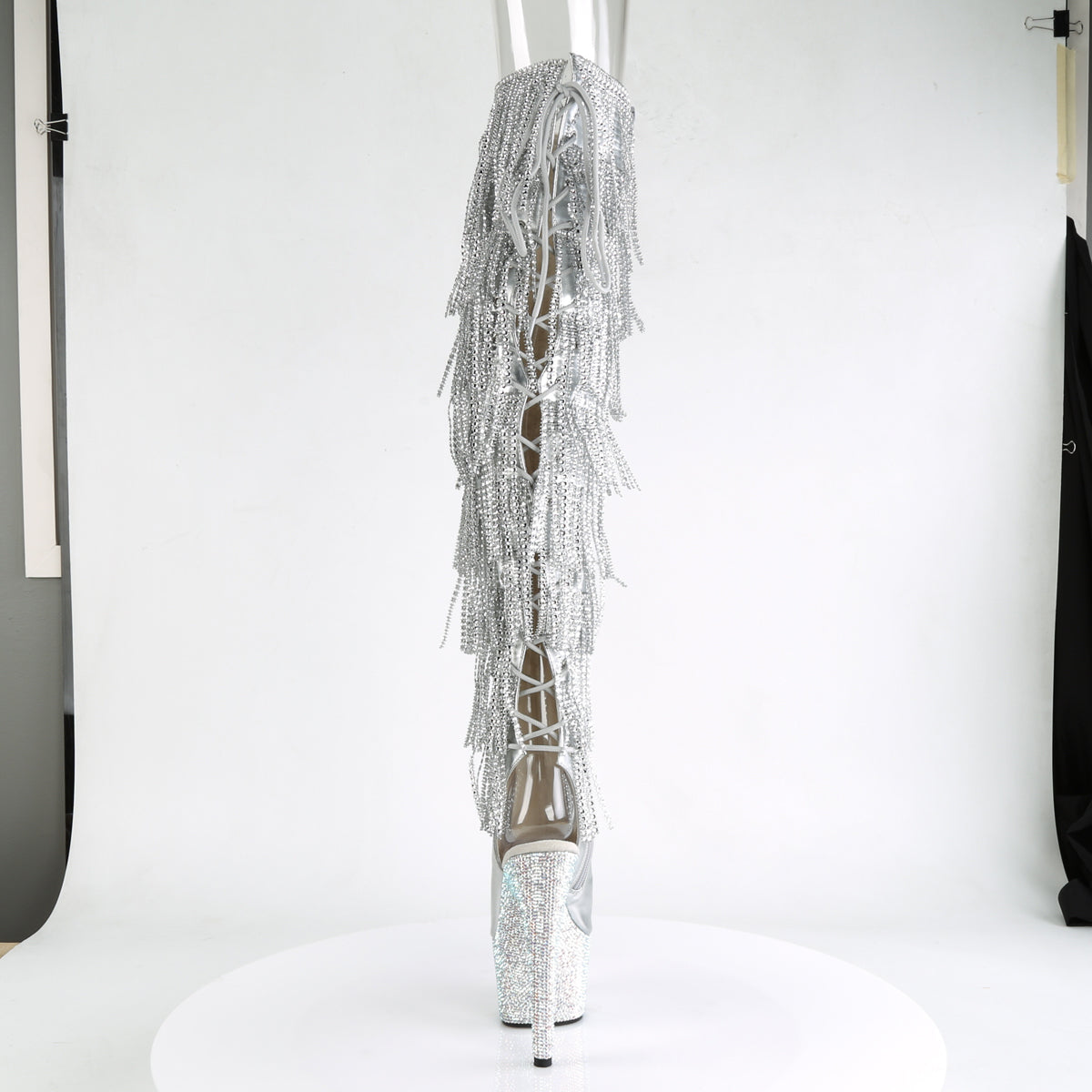Pleaser 7 inch silver metallic rhinestone fringe platform over the knee boot, back view of the heel
