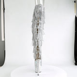 Pleaser 7 inch silver metallic rhinestone fringe platform over the knee boot, back view of the heel