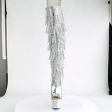 Pleaser 7 inch silver metallic rhinestone fringe platform over the knee boot, front view