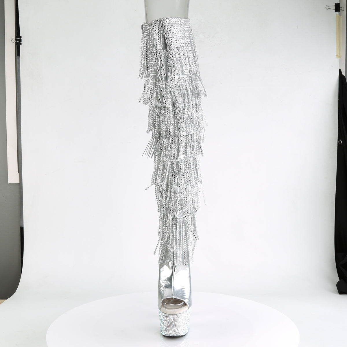 Pleaser 7 inch silver metallic rhinestone fringe platform over the knee boot, front view