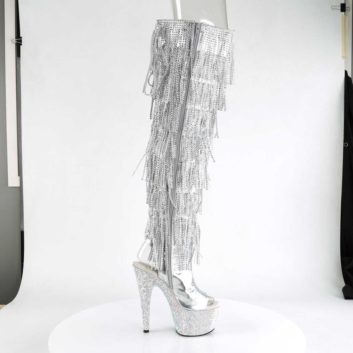 Pleaser 7 inch silver metallic rhinestone fringe platform over the knee boot, inside view