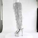 Pleaser 7 inch silver metallic rhinestone fringe platform over the knee boot, side view of the rhinestone platform and heel