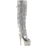 Pleaser 7 inch silver metallic rhinestone fringe platform over the knee boot, three-quarter view on white