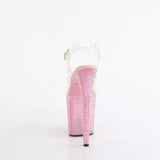Pleaser 8 inch clear baby pink resin rhinestone platform ankle strap sandal, back view of the heel