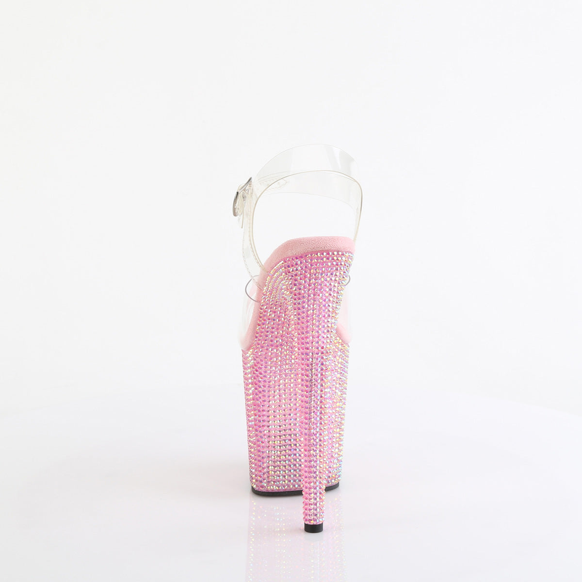 Pleaser 8 inch clear baby pink resin rhinestone platform ankle strap sandal, back view of the heel