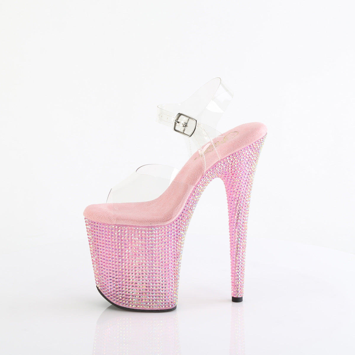 Pleaser 8 inch clear baby pink resin rhinestone platform ankle strap sandal, side view of the rhinestone platform and heel