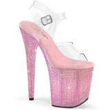 Pleaser 8 inch clear baby pink resin rhinestone platform ankle strap sandal, three-quarter view on white