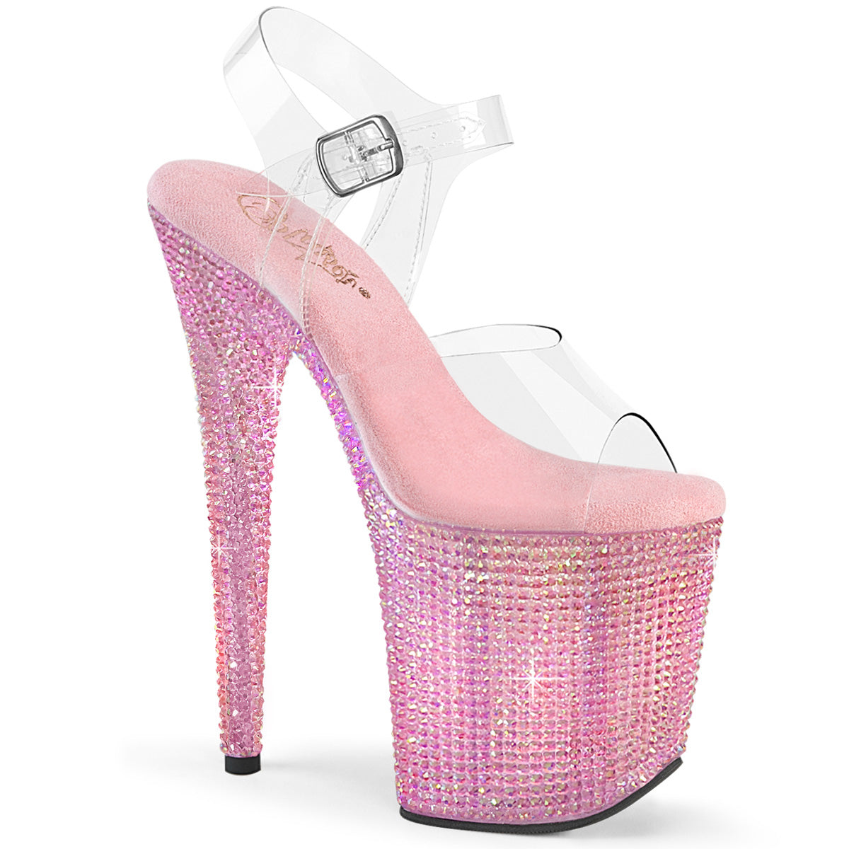 Pleaser 8 inch clear baby pink resin rhinestone platform ankle strap sandal, three-quarter view on white