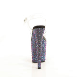 Pleaser 8 inch clear black mixed rhinestone platform ankle strap sandal, back view of the heel